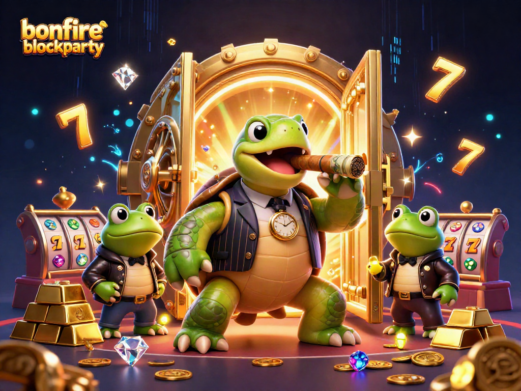Experience the excitement of bonfireblockparty as a turtle and bullfrogs gather around a treasure-filled scene.