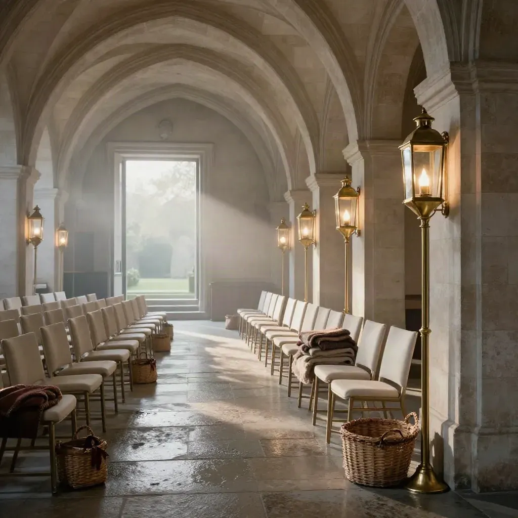 Salón comunitario abovedado con sillas vacías, faroles de latón y niebla al amanecer.