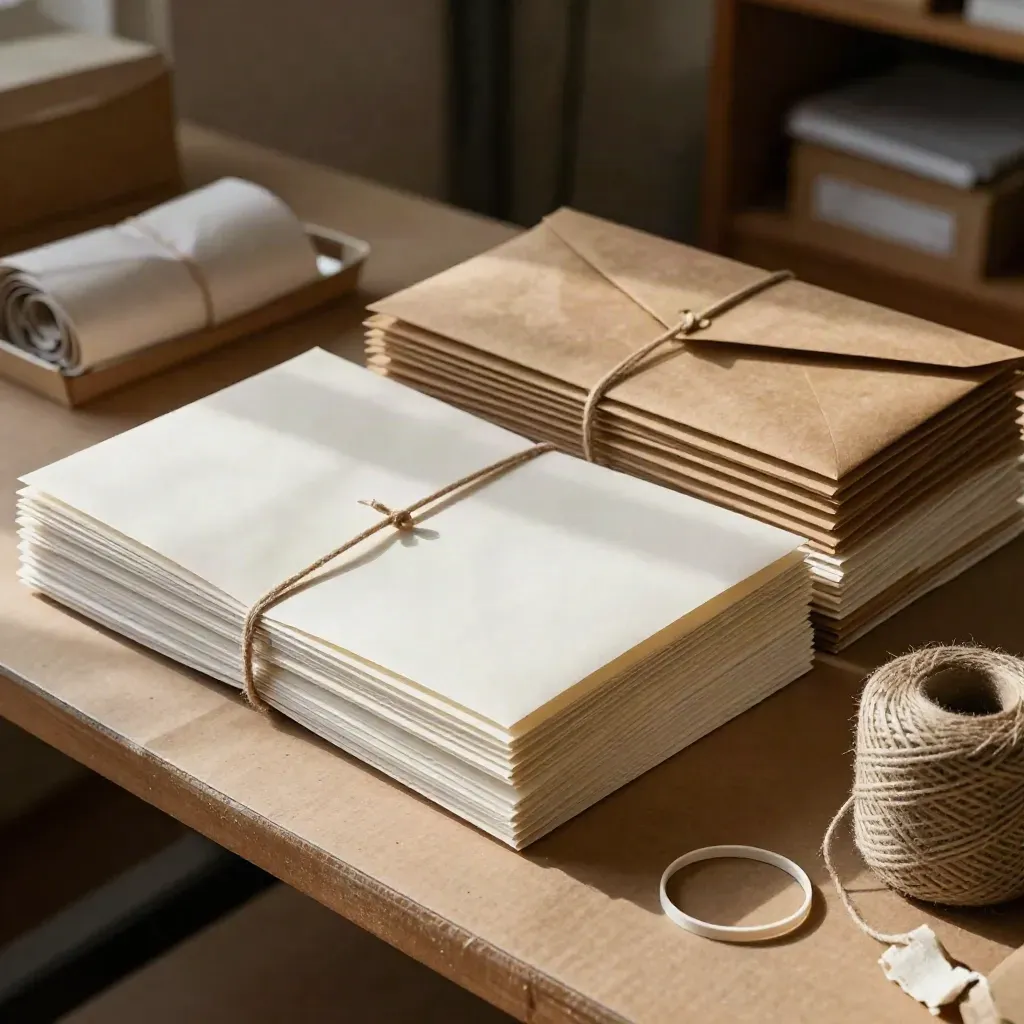 Bolsas de boletines atadas, sobres kraft y bandejas de correo en una mesa cálida.