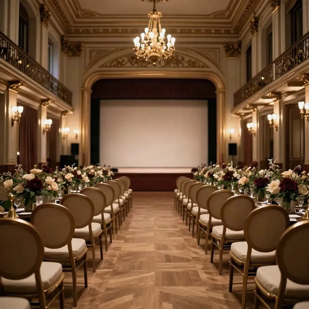 Salón madrileño preparado para un encuentro anual, con sillas, escenario vacío y luces cálidas.