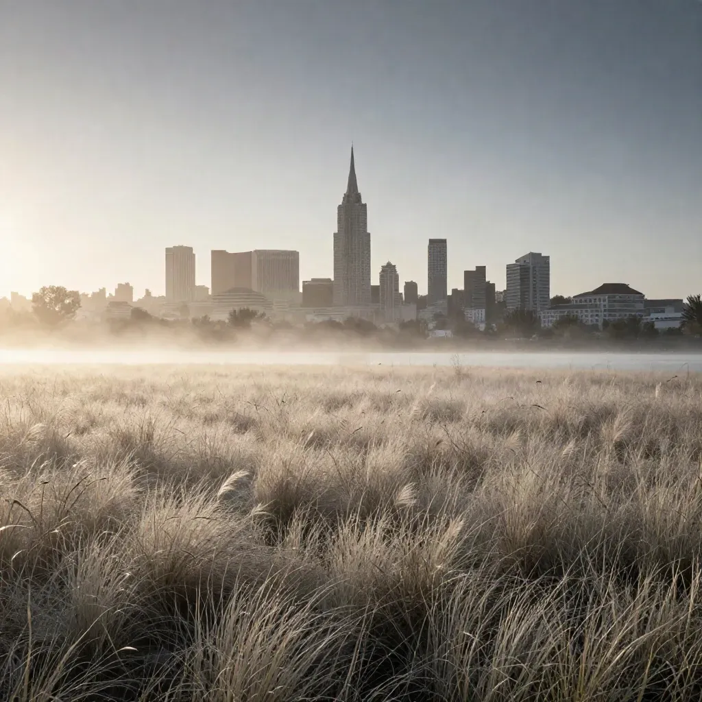 Madrid al amanecer sobre Casa de Campo, skyline alto entre niebla y hierbas pálidas.