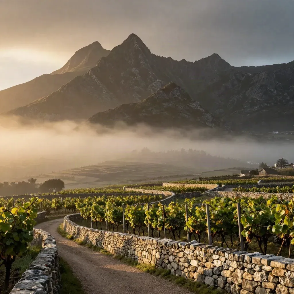 Montserrat sobre viñas pálidas y terrazas de piedra con niebla dorada al amanecer