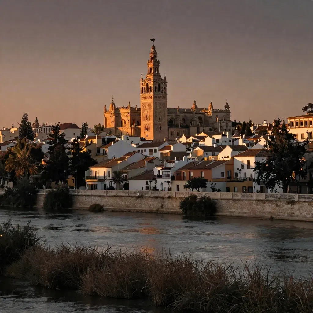 La Giralda de Sevilla sobre el río al atardecer, con tejados terracota y niebla dorada.