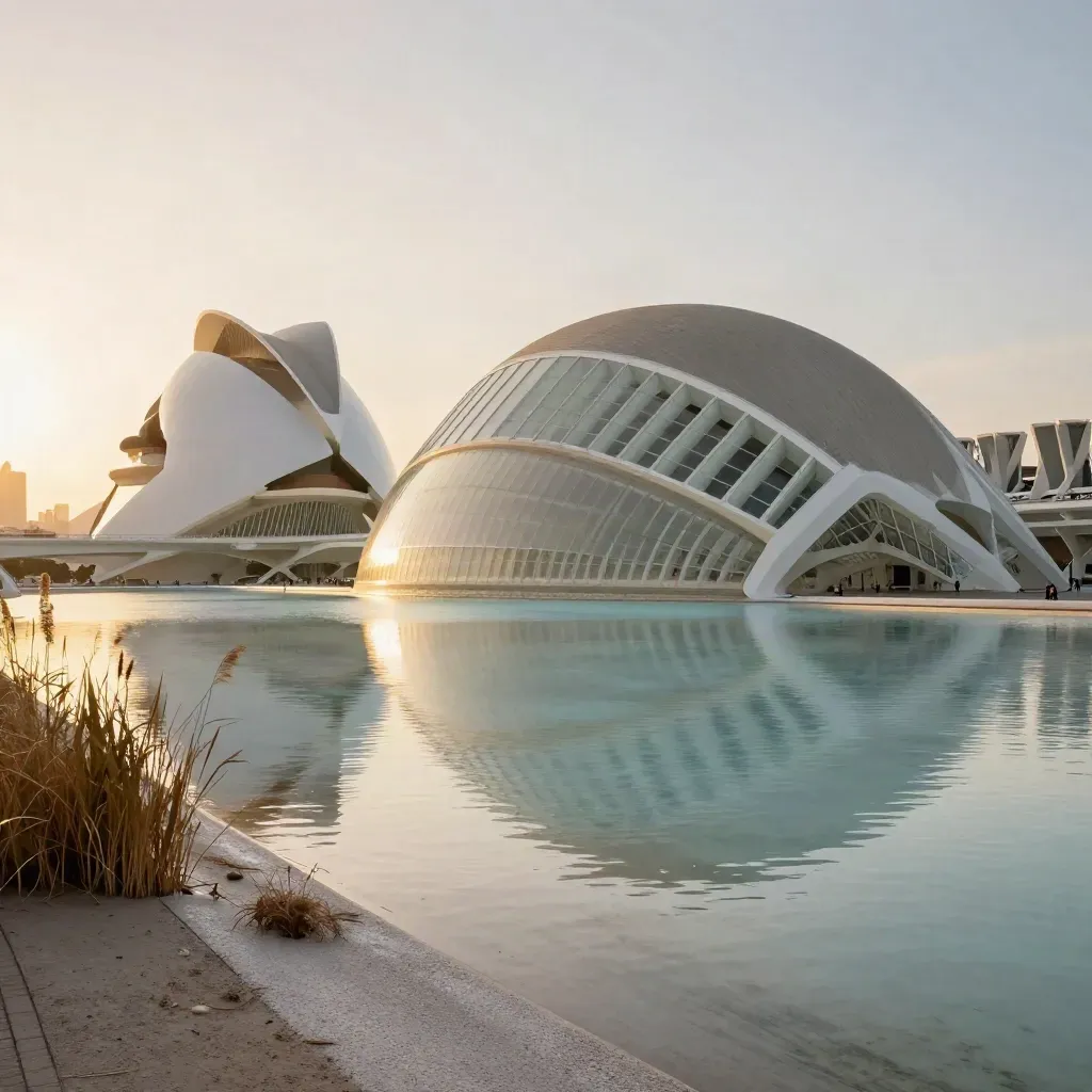 La Ciudad de las Artes y las Ciencias sobre agua quieta con juncos y costa pálida