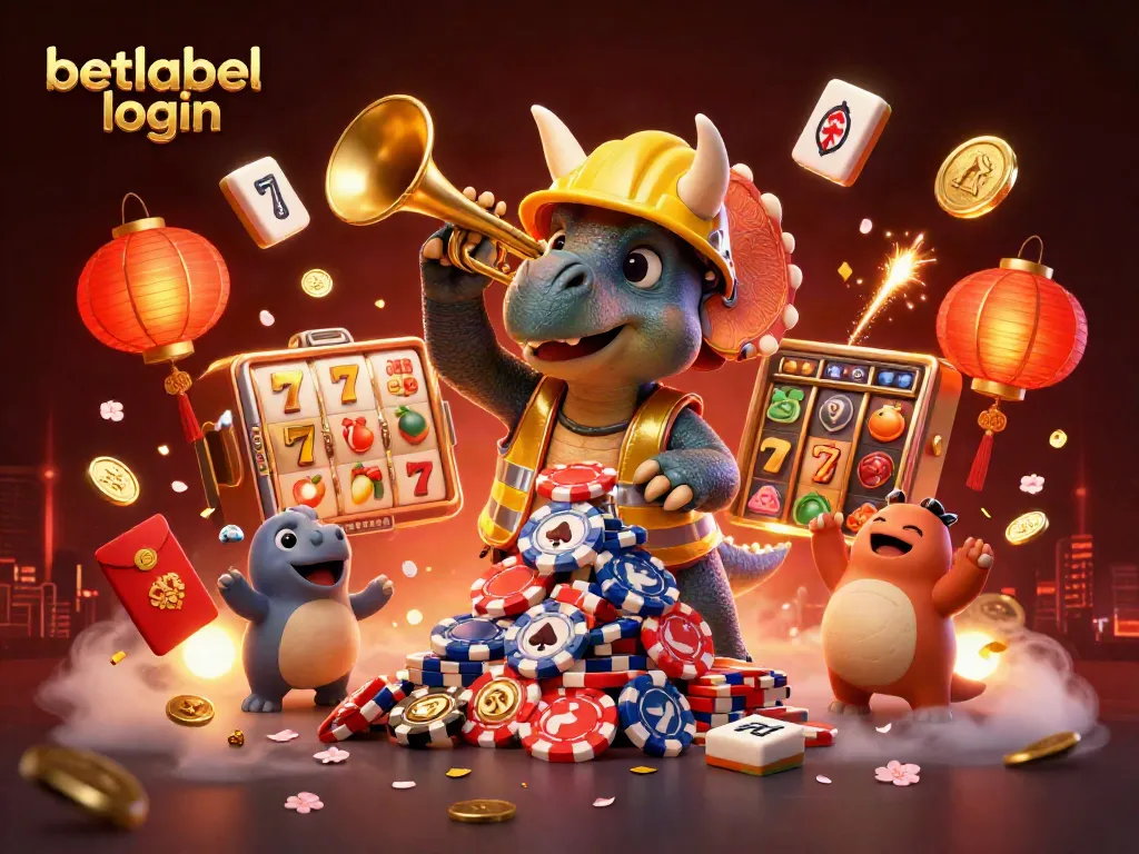 Experience the excitement with BetLabel login in a vibrant casino scene filled with playful characters and gambling elements.