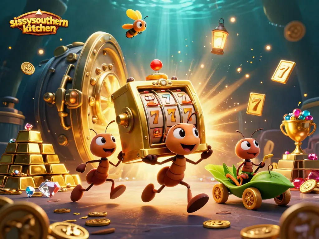 Sissyssouthernkitchen showcases ants embarking on a thrilling casino heist with vibrant slot machines